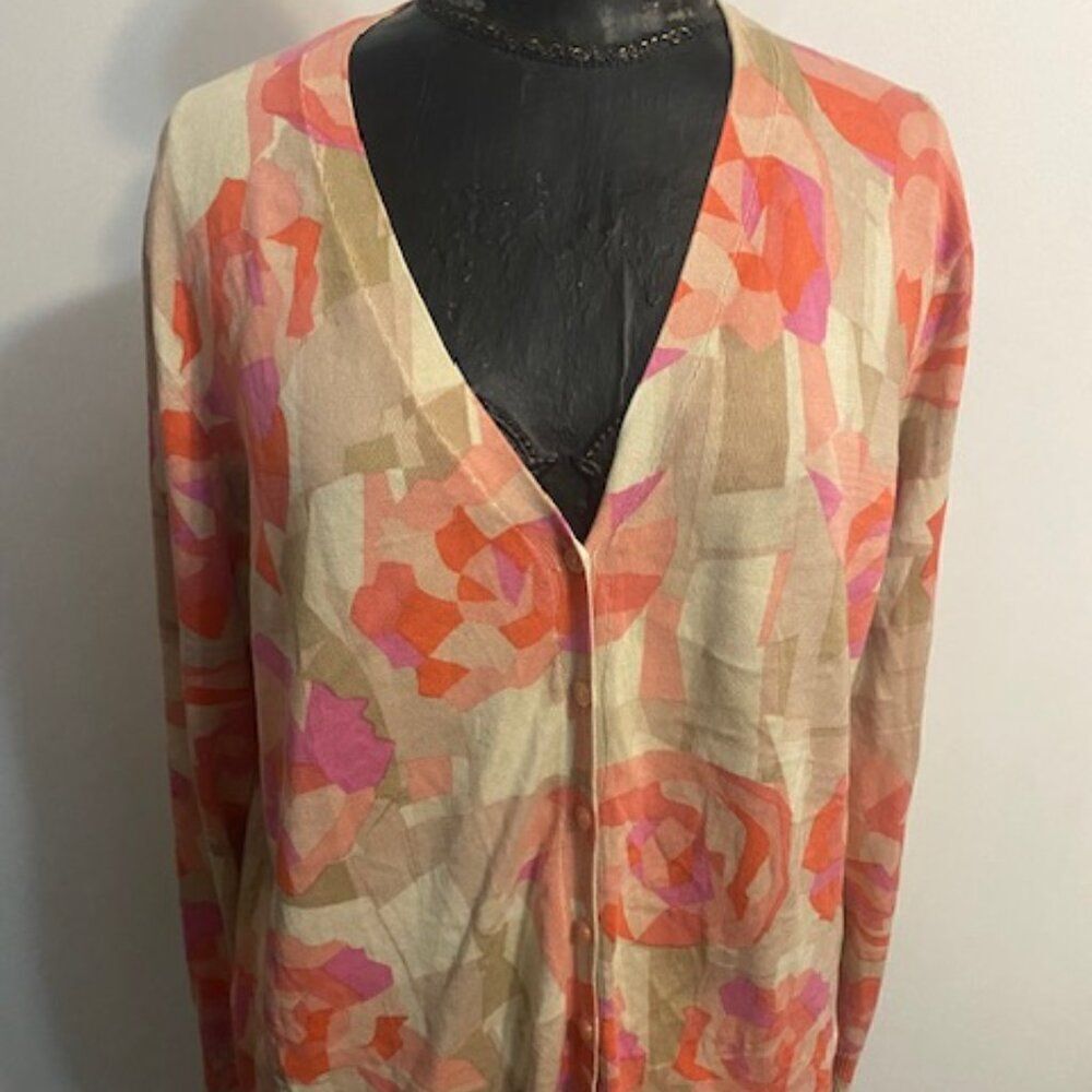 Liz Claiborne multi-color abstract Silk blend V-neck button cardigan, size 1X